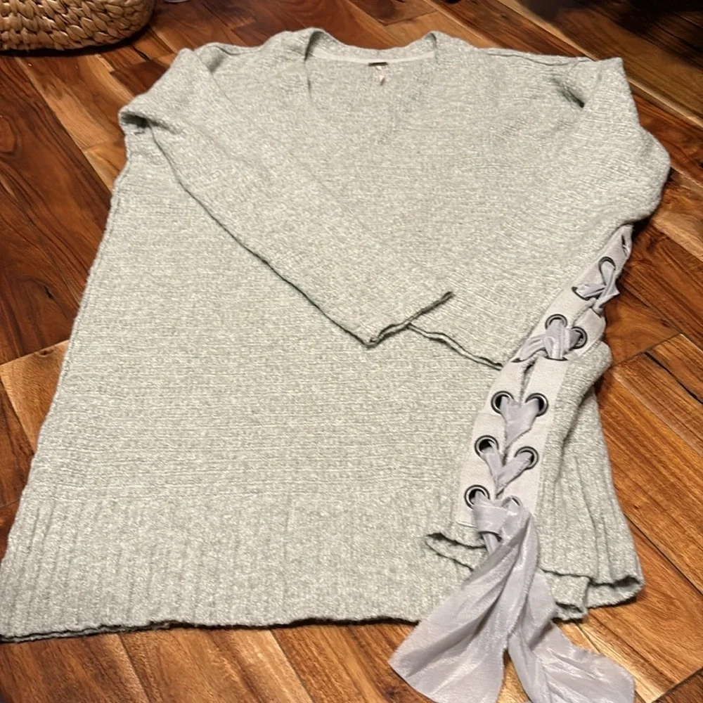 Free People Gray Sweater Tunic Mini Dress with Lace-Up Sides XS Fits up to M